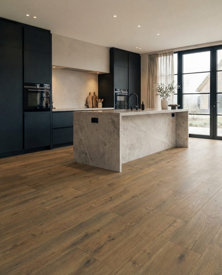 Keuken met donkerblauwe kasten en een warme bruine houtlook vloer