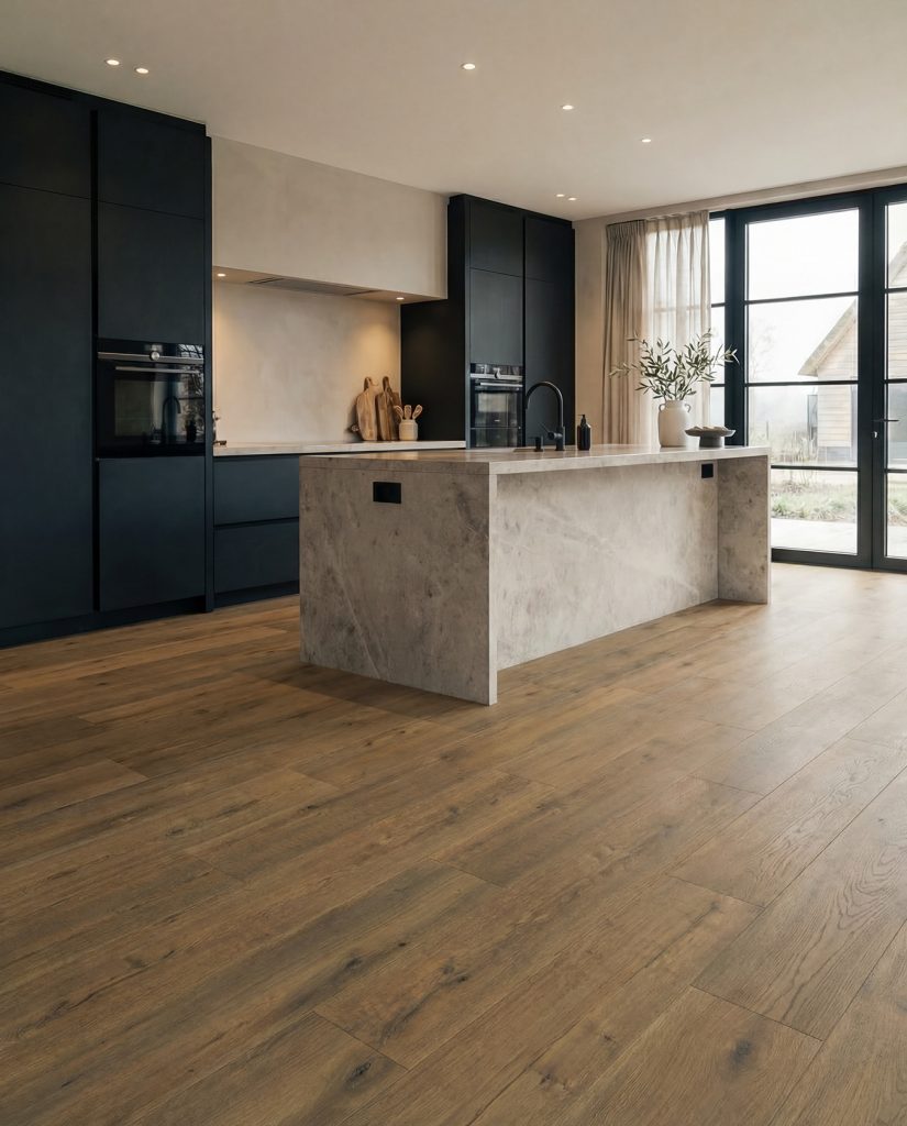 Keuken met donkerblauwe kasten en een warme bruine houtlook vloer