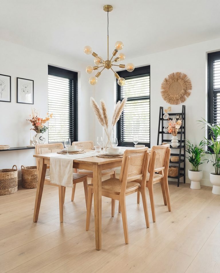 Eetkamer met een lichte houtlook vloer, witte wanden en een houten eettafel
