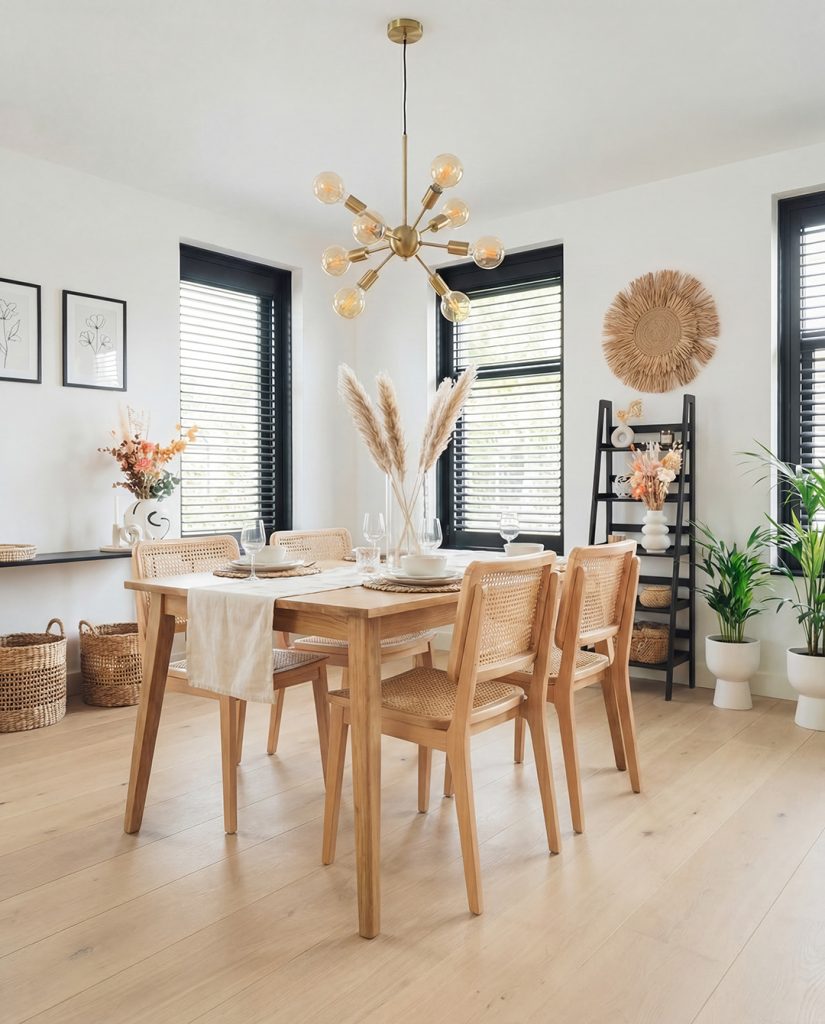 Eetkamer met een lichte houtlook vloer, witte wanden en een houten eettafel