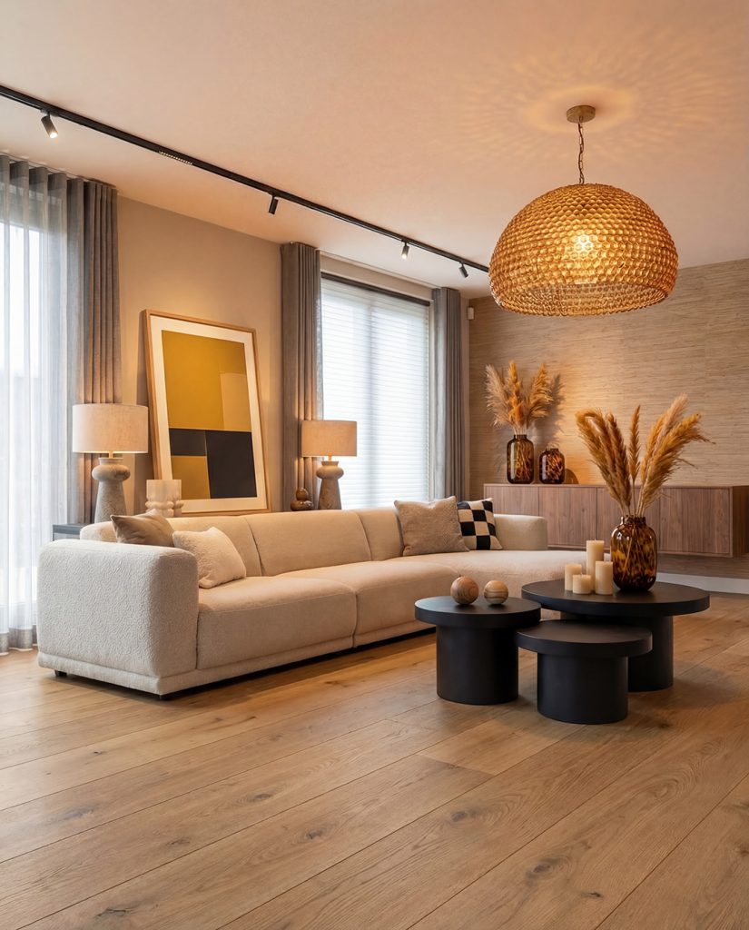 Warme woonkamer met een lichte bank, houten vloer en een rieten hanglamp