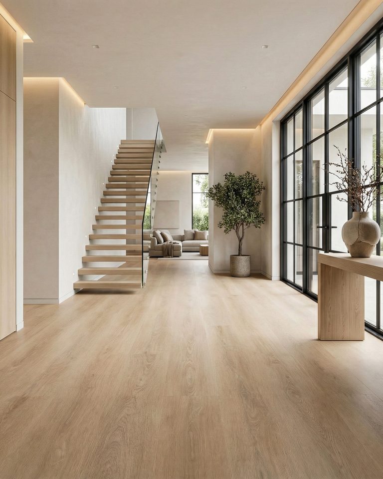 Lichte hal met een houtlook vloer en een open trap op de achtergrond