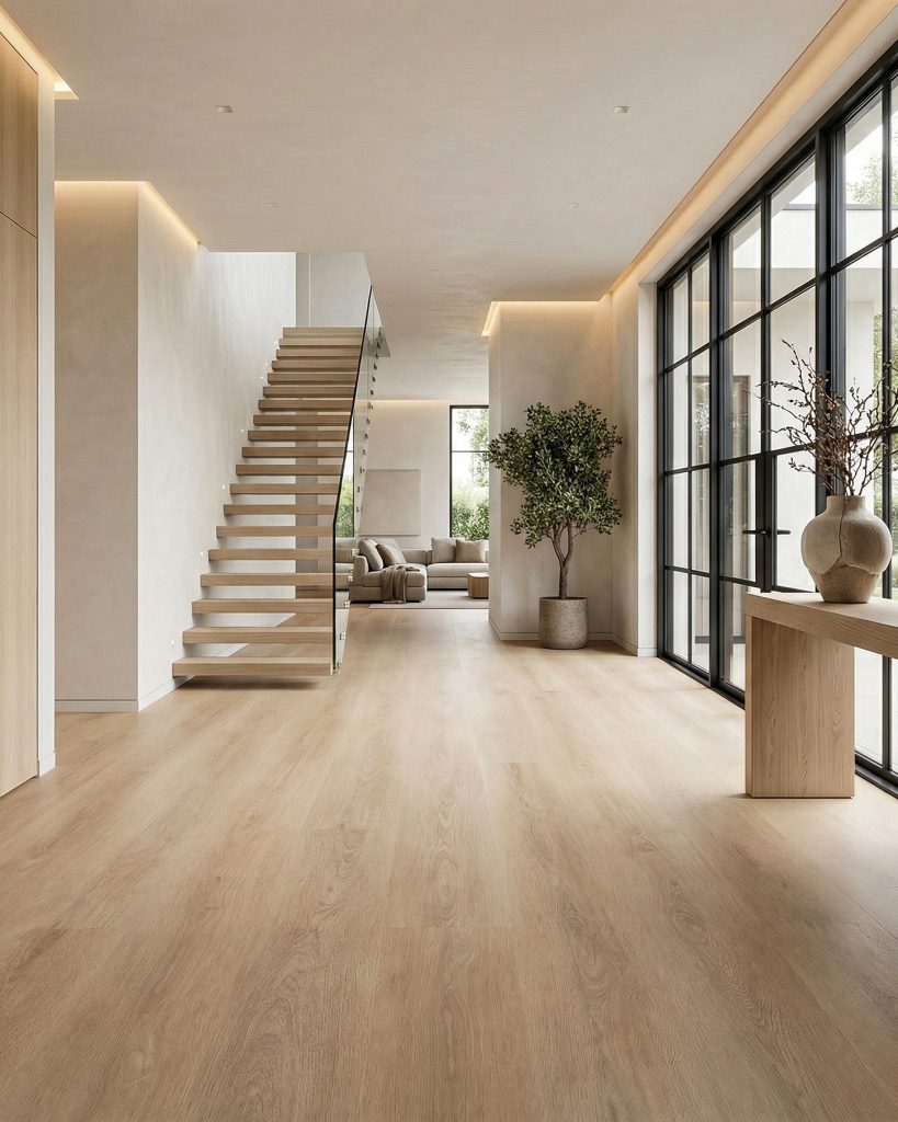 Lichte hal met een houtlook vloer en een open trap op de achtergrond