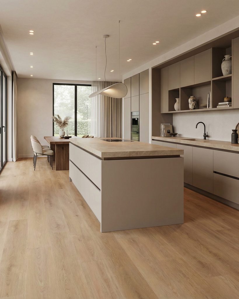 Lichte keuken met een kookeiland en een doorlopende houtlook vloer